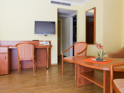 Die Doppelzimmer Comfort bieten etwas mehr Raum und einen Balkon. Auf diesem Bild ist die Einrichtung der Zimmer mit Sitzecke, Schreibtisch und Fernseher zu sehen.