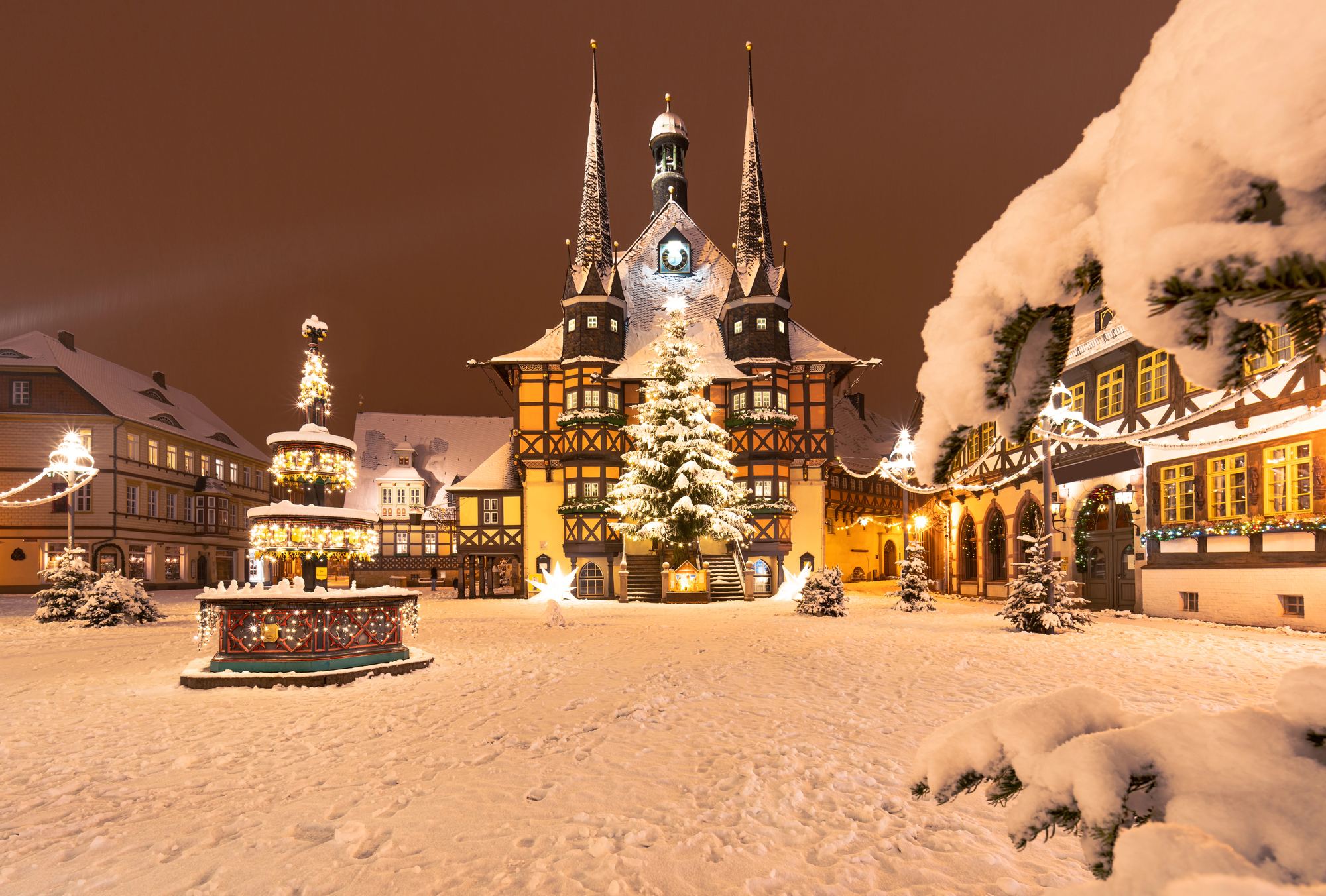 Verschneites Rathaus Wernigerode mit Weihnachtsbaum bei Nacht